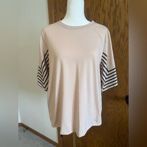 Women's Beige Top with Black Striped Sleeves
